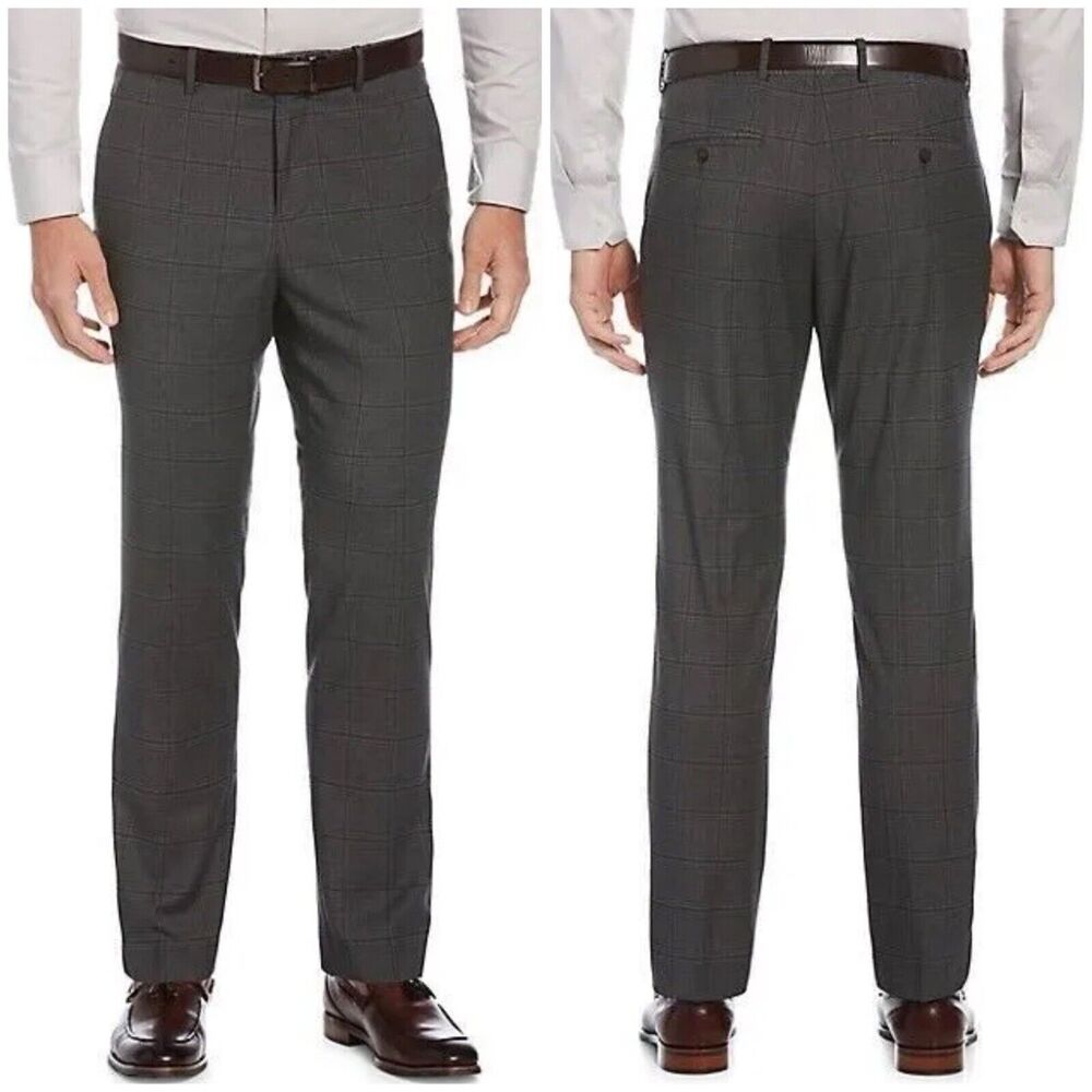 Perry Ellis Portfolio New Men's Charcoal Slim-Fit Windowpane Plaid Pants 31x32
